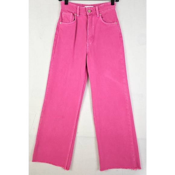 Zara Jeans ~Womens 2~ Pink Wide Leg High Rise Denim Raw Edge Hem Bright Barbie. - Picture 1 of 14